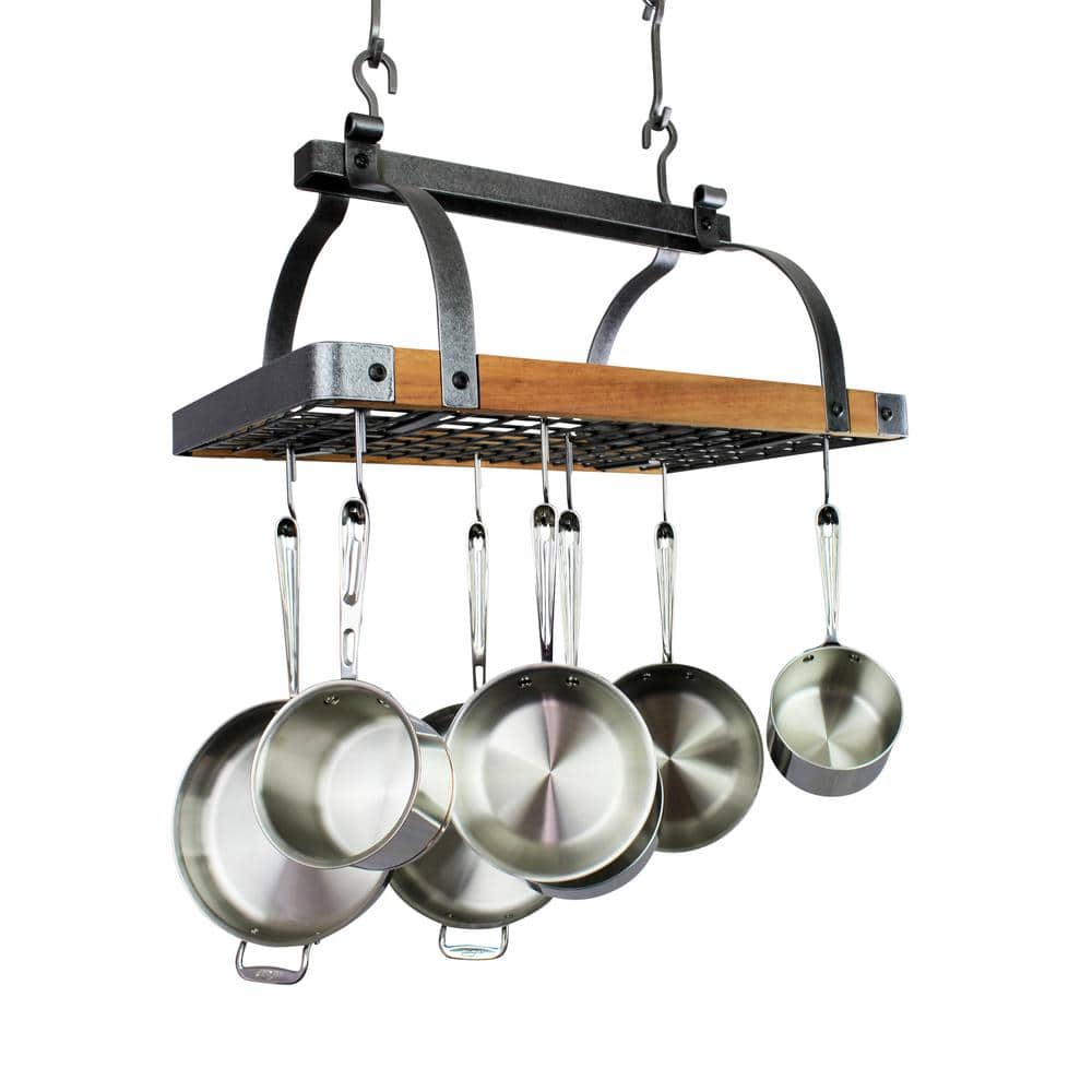 Handcrafted Tigerwood and Metal Rectangle Ceiling Pot Rack