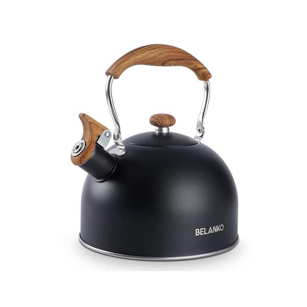 Black Wood Pattern Stainless Steel Whistling Tea Kettle for All Stovetops with Foldable Handle Loud Whistle