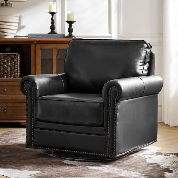 Jacindo Black Traditional Genuine Leather Swivel Rocking Accent Chair with Nailhead Trims