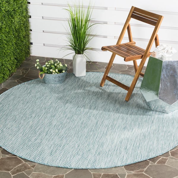 Courtyard Aqua/Gray 10 ft. x 10 ft. Solid Color Distressed Indoor/Outdoor Round Area Rug