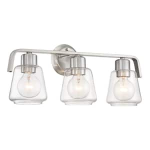 21 in. Riley 3-Light Satin Platinum Industrial Bathroom Vanity Light with Clear Glass Shades