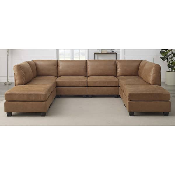 Nina Modern 120 in. 8-Piece Faux Leather Modular Sectional Sofa in. Brown with 2 Ottomans Removable Cushions