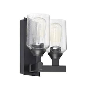 Chicago 10 in. 2-Light Flat Black Finish Vanity Light with Clear Seeded Glass