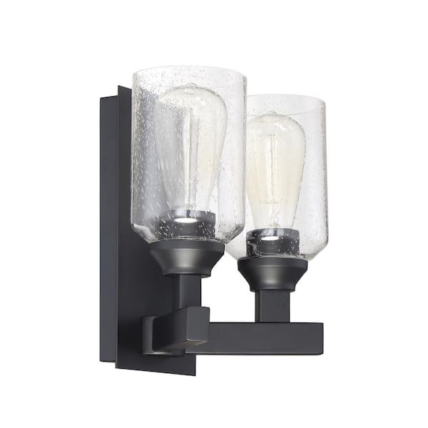 CRAFTMADE Chicago 10 in. 2-Light Flat Black Finish Vanity Light with Clear Seeded Glass