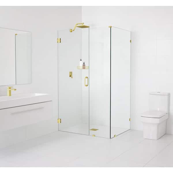 Glass Warehouse 33.5 in. W x 34 in. D x 78 in. H Pivot Frameless Corner Shower Enclosure in Polished Brass Finish with Clear Glass