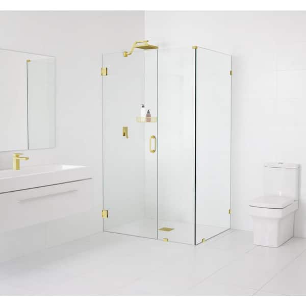 Glass Warehouse 34 in. W x 38 in. D x 78 in. H Pivot Frameless Corner Shower Enclosure in Polished Brass Finish with Clear Glass