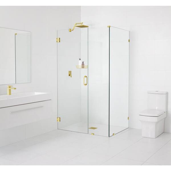 Glass Warehouse 41 in. W x 42.5 in. D x 78 in. H Pivot Frameless Corner Shower Enclosure in Polished Brass Finish with Clear Glass