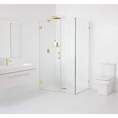 90° Wall-Hinged 46.5 in. x 78 in. x 35.5 in. Frameless Pivot Shower Door in Polished Brass