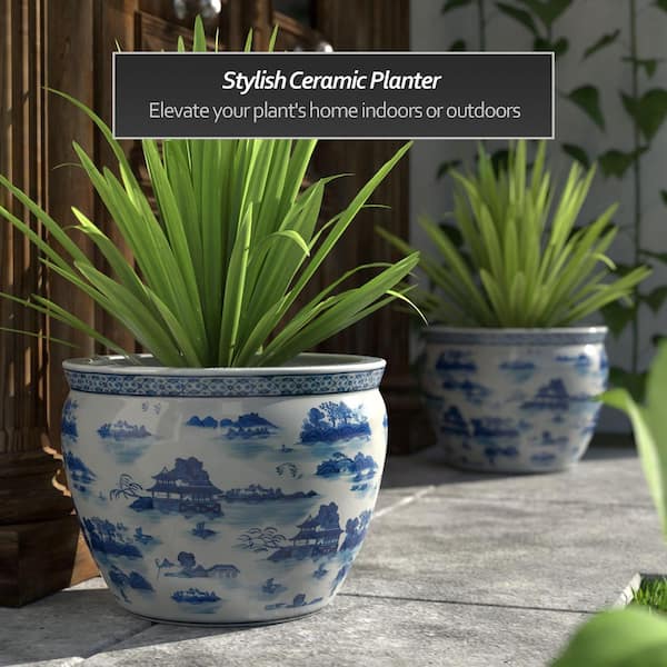 18 in. Porcelain Fishbowl Blue and White Landscape