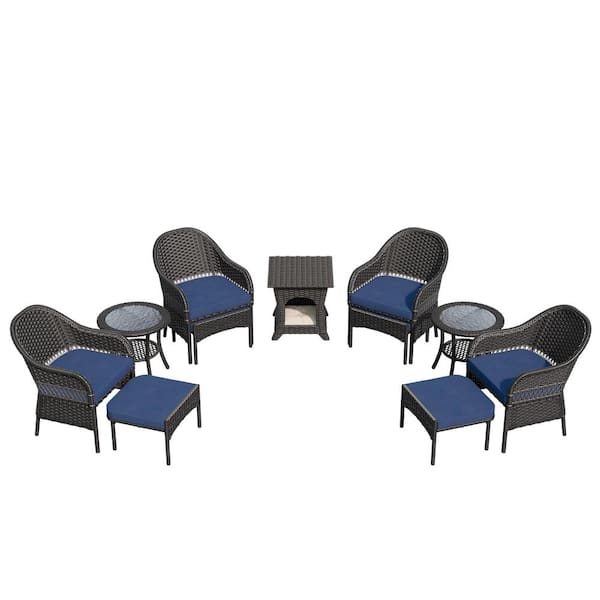 11-Piece Outdoor Wicker Patio Conversation Seating Set with Blue Cushions and Pet Side Table