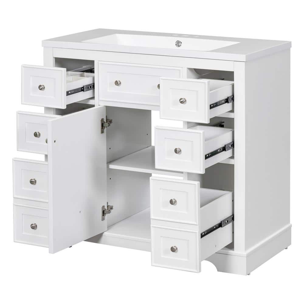 White MDF Bathroom Vanity with Ceramic Sink and Six Drawers