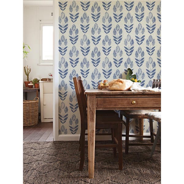 Blue Folk Tulip Peel and Stick Wallpaper