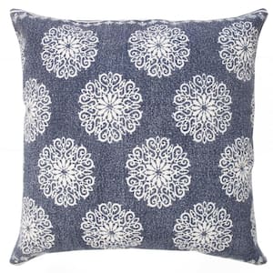 Traditional Royal Dark Blue/White 20 in. x 20 in. Fairytale Motif Bordered Throw Pillow