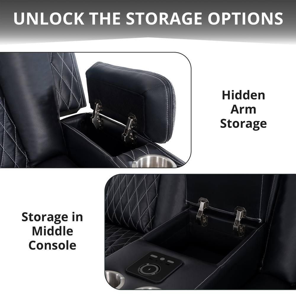 Black Faux Leather Reclining Loveseat with Cup Holders and LED Lights