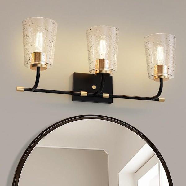 YANSUN 24 in. 3-Light Black Vanity Light with Cone Clear Glass Shades for Bathroom, Mirror, Hallway