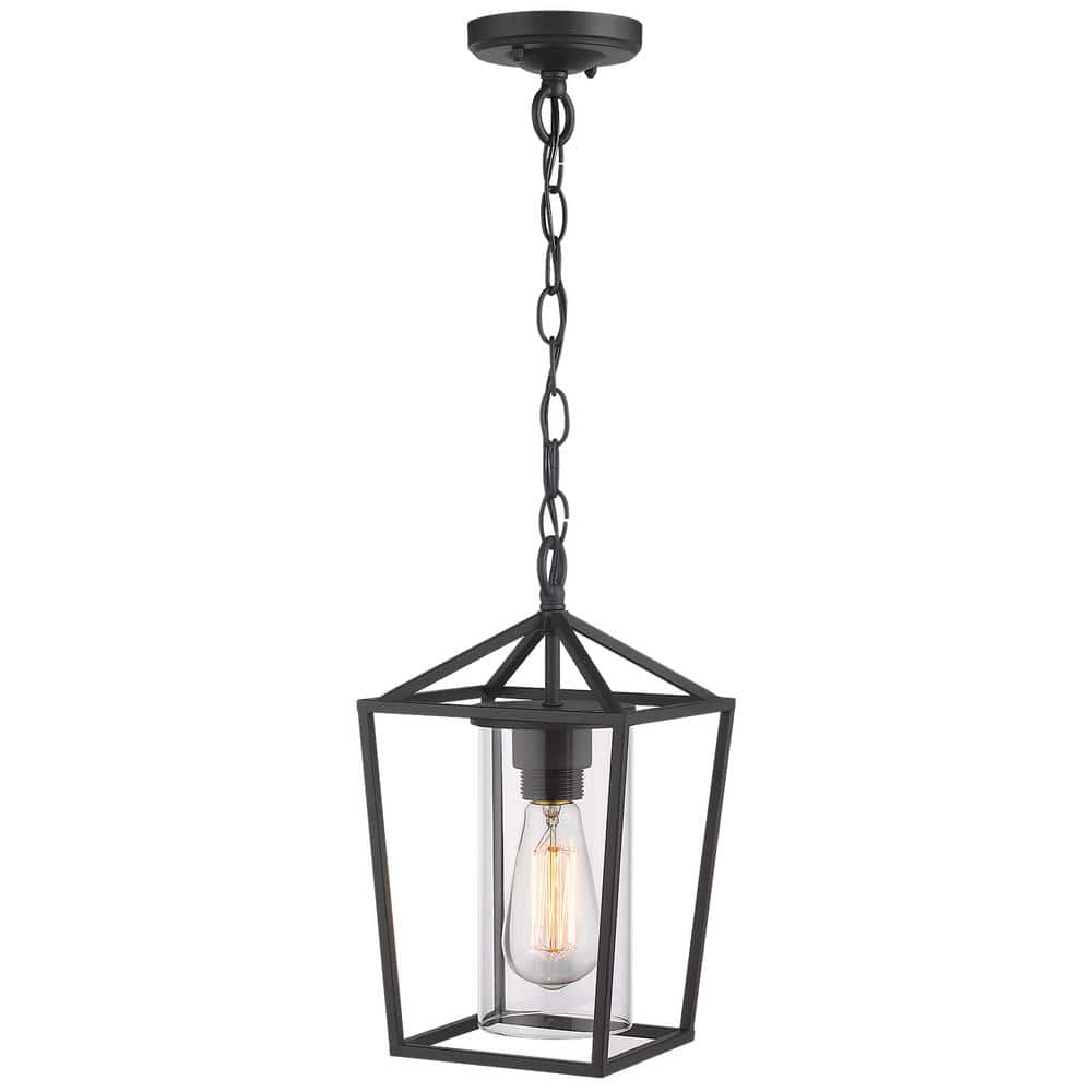 JAZAVA 1-Light Black Outdoor Chandelier Lantern Shaded Pendant