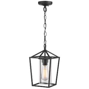 1-Light Black Outdoor Chandelier Lantern Shaded Pendant Light with Metal/Glass Shade