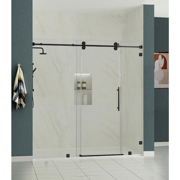 RadianceXL 87 to 90 in. W x 76 in. H Single Sliding Frameless Shower Door in Matte Black with 3/8" Clear Glass