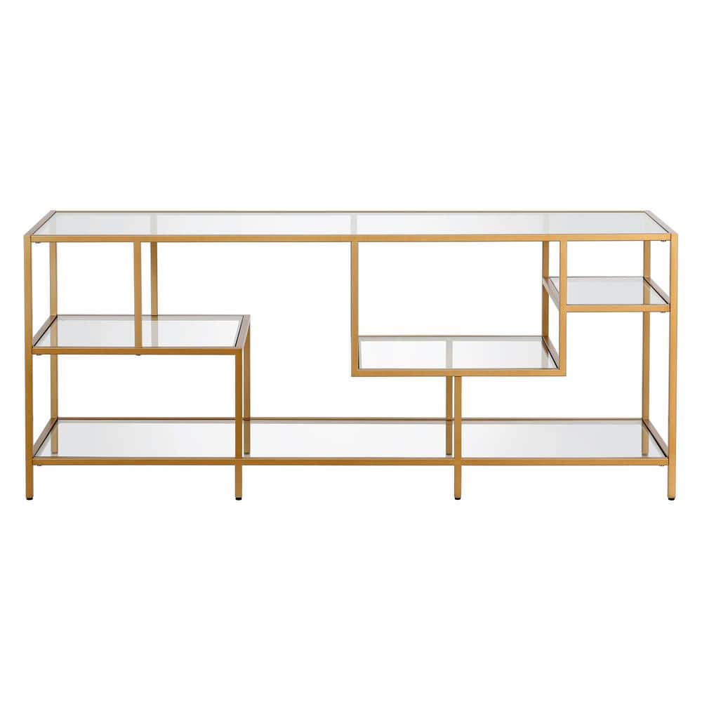 Deveraux 58" Glam Brass TV Stand with Tempered Glass Shelves