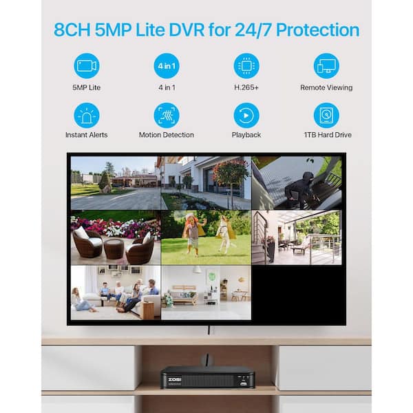 8-Channel 3K-Lite 1TB DVR Security Camera System with 8 1080p Wired Bullet Cameras, 120ft Night Vision, Motion Detection