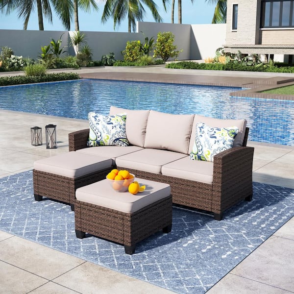 PHI VILLA Brown Rattan Wicker 5 Seat 3 Piece Steel Outdoor Patio Conversation Set with Beige Cushions and 2 Ottomans DC3BEPV063PV066 The Home Depot