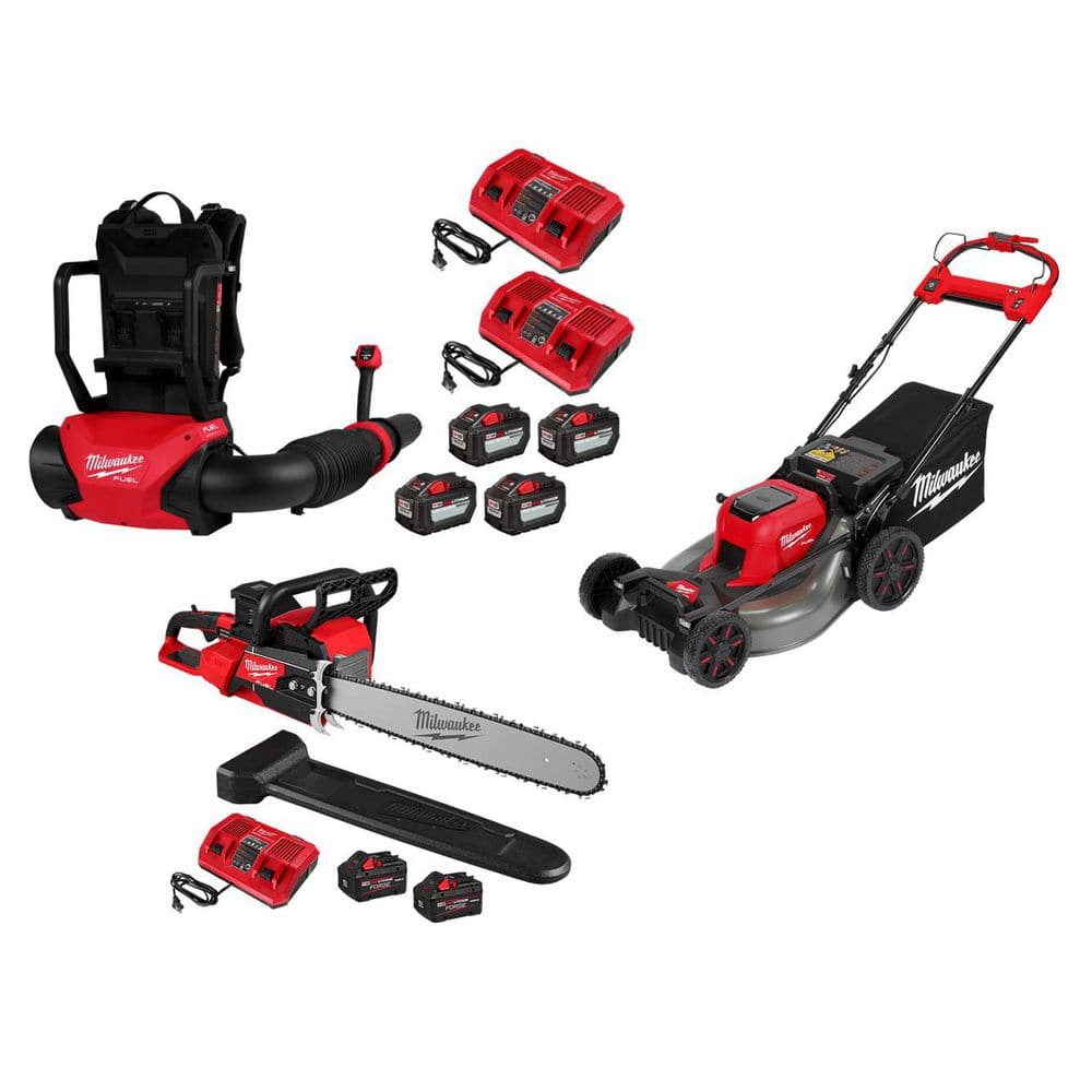 MILWAUKEE M18 FUEL 155 MPH 650 CFM 18V Brushless Cordless Dual Battery Backpack Blower Kit w/ M18 Mower, M18 Dual Battery Chainsaw (3009-24HD-2823)