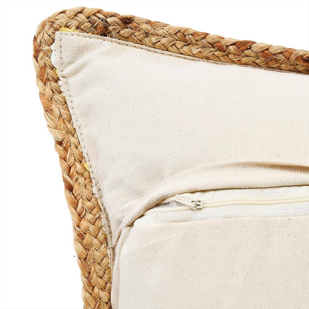 Yellow and White Striped Cotton and Jute 20" Square Throw Pillow