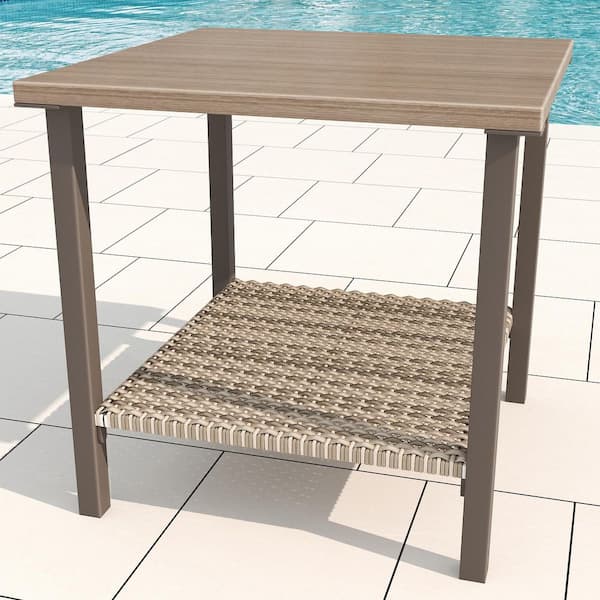 Brown Wicker Patio Outdoor Side Table, Metal Stand