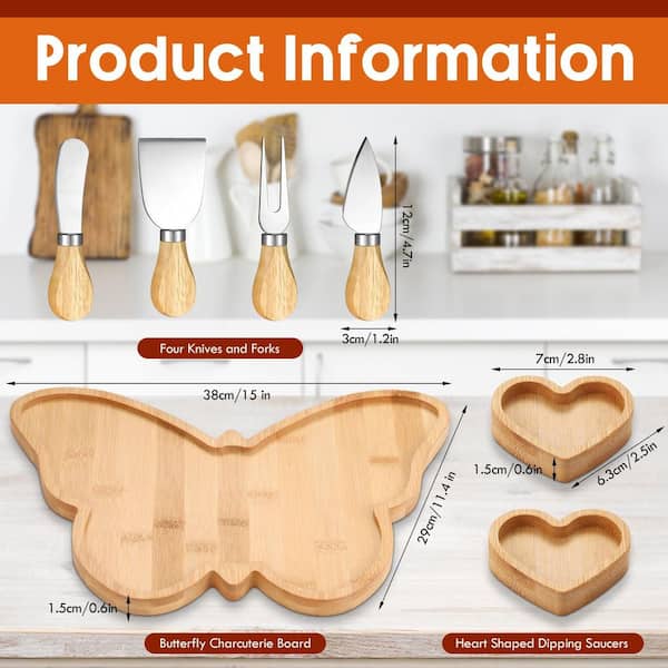 KHKFY 7-Piece Butterfly Bamboo Cheese Board Set with Knives 16.54