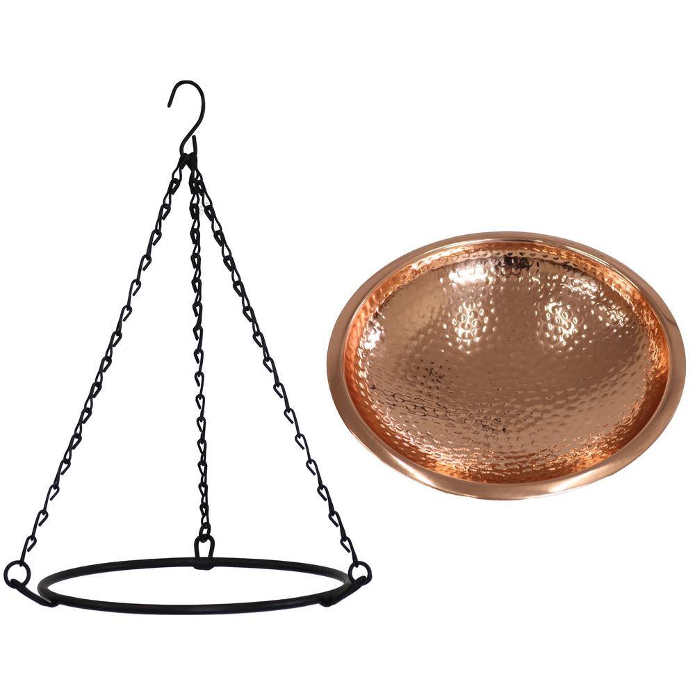 Hand-Hammered Copper Hanging Bird Bath Feeder with Iron Chains