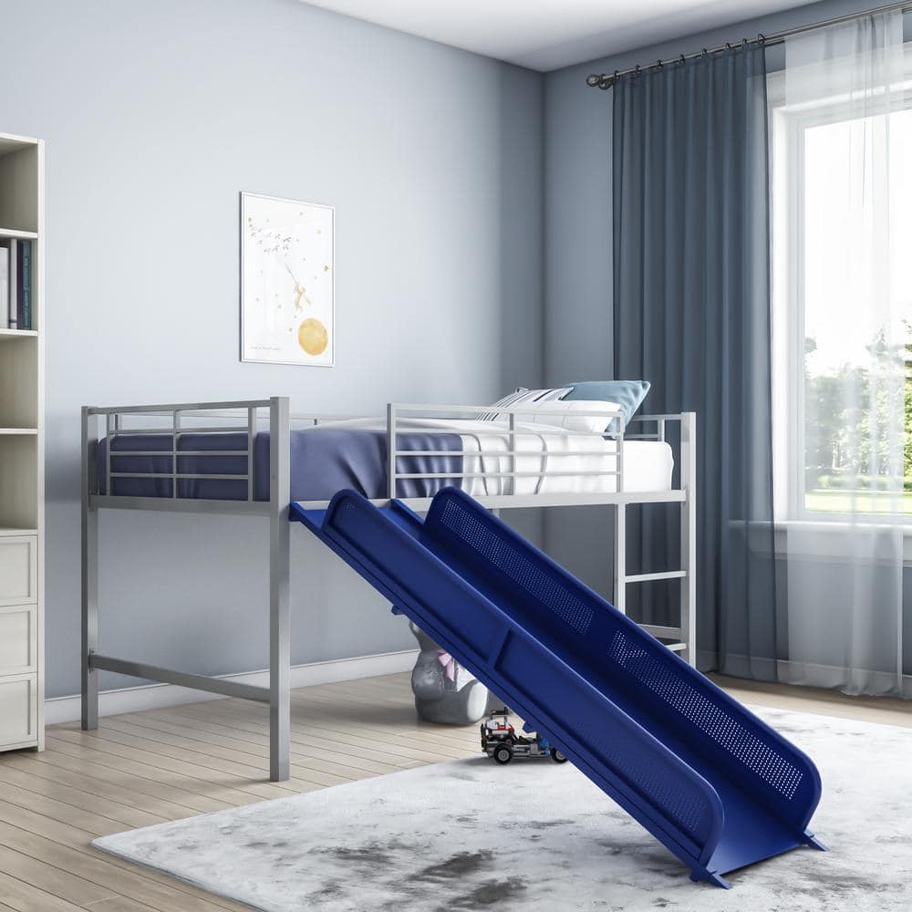 Silver Twin Metal Loft Bed with Blue Slide and Bookcase