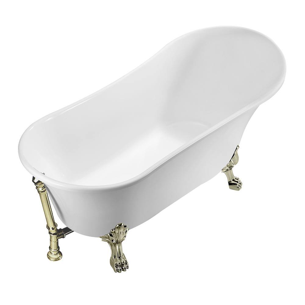 63" Glossy White Acrylic Clawfoot Bathtub with Brushed Nickel Feet