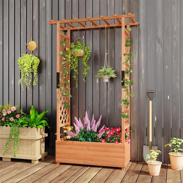 HONEY JOY Orange Wood Outdoor Raised Garden Bed with Trellis with
