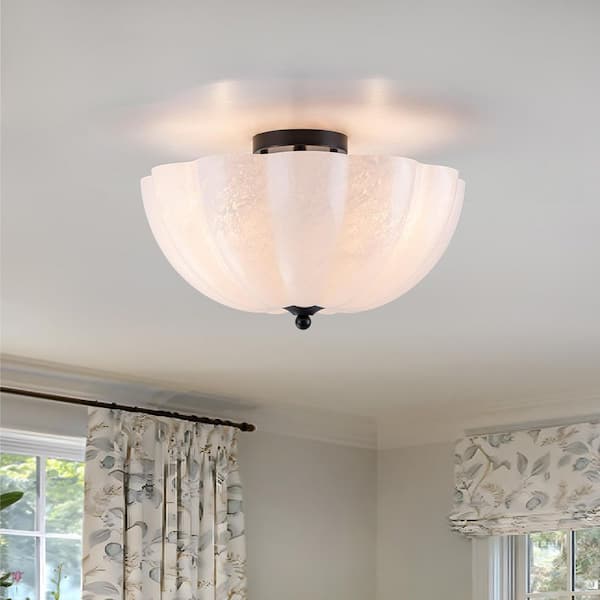 Dvorakova 15.94 in. 3-Light Black and White Bowl Semi-Flush Mount Ceiling Light with Glass Shade