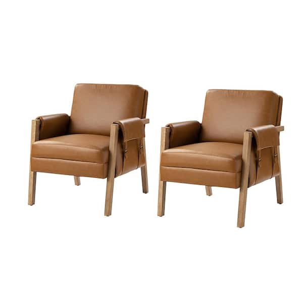 JAYDEN CREATION Marian Camel Comfort Faux Leather Armchair with Solid Wood Frame (Set of 2)