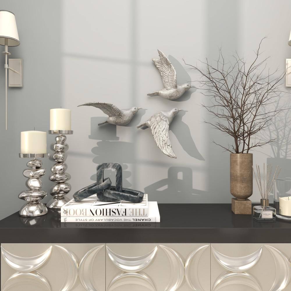 Silver Polystone Bird Wall Sculpture Set of 3