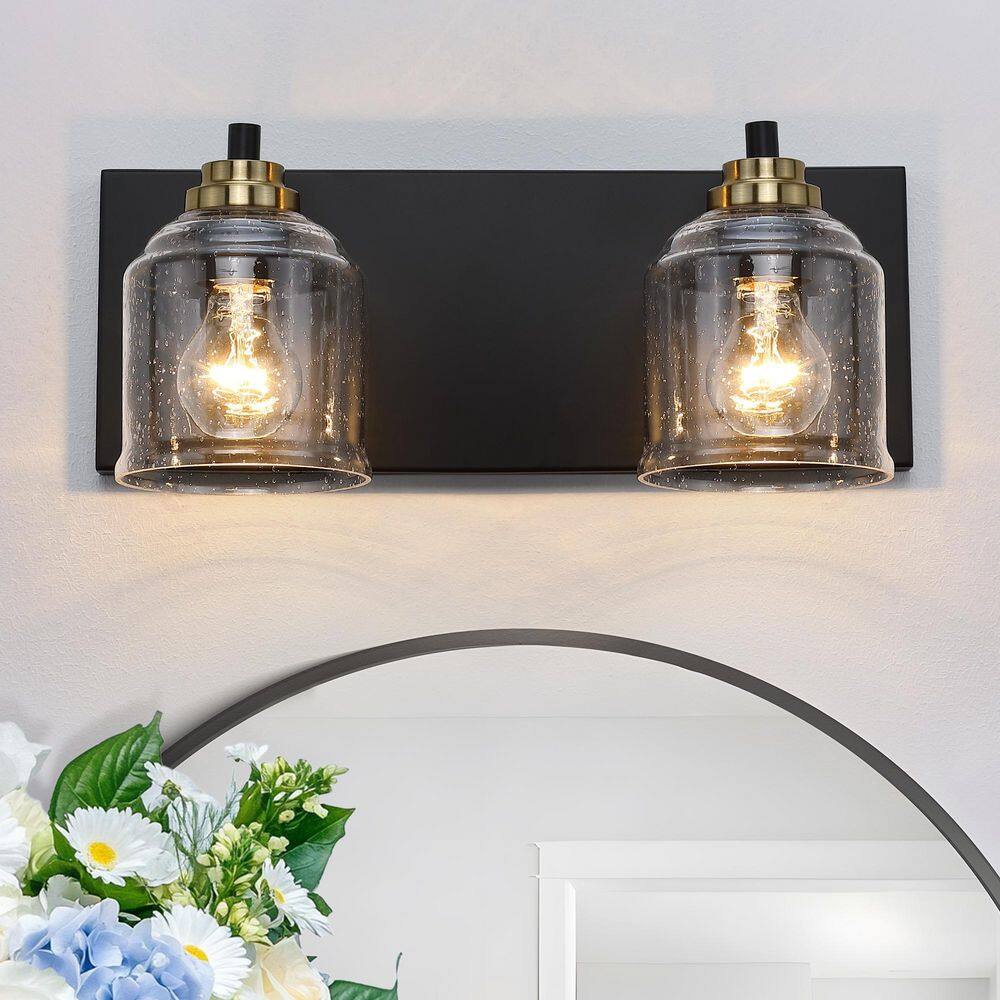 15.8 in. 2 Light Matte Black and Gold Vanity Light with Seeded Glass Shade price history on PriceWatchPro
