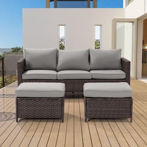3-Piece Brown Rattan Patio Sofa Set Outdoor Furniture Set 3-Seat Sofa Ottomans With Cushions, Linen Grey