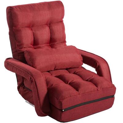 Red Floor Lazy Sofa Chair with Adjustable 5-Positions Backrest Armrests and a Pillow for Living Room and Bedroom