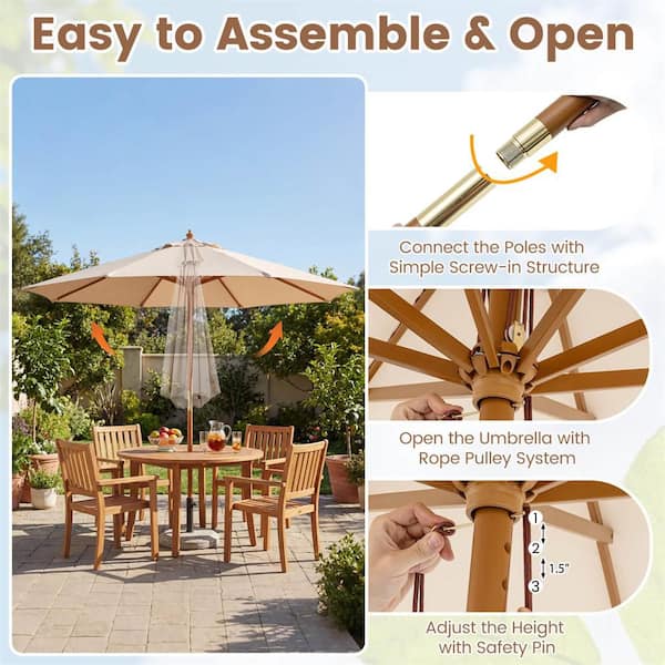 are the patio umbrellas have adjustable in height Costway 9 ft Patio Umbrella with Adjustable Height Rope Pulley Lift Vented Top 8 Sturdy Ribs Beige