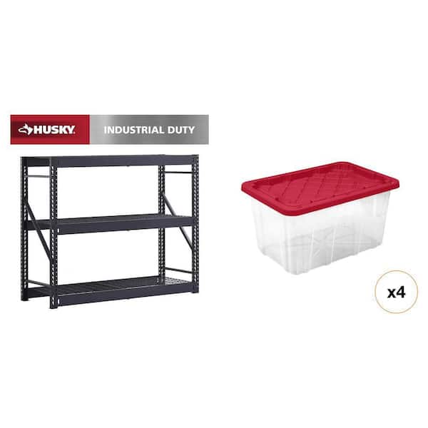 3-Shelf Metal Industrial Garage Shelving Unit 65 in.x54 in.x24 in. and 27 Gal. Clear Tough Tote Combo 2-Piece