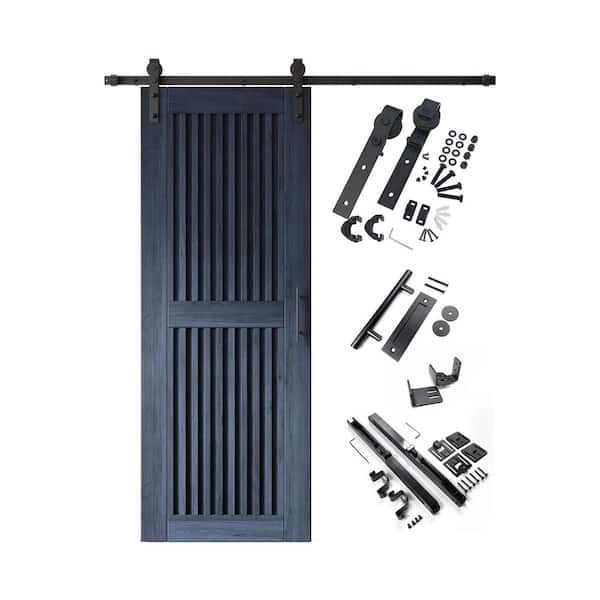 ST 30 in. x 80 in. C-Panel Navy Vertical Stripe Design Solid Pine Wood Sliding Barn Door with Hardware Kit