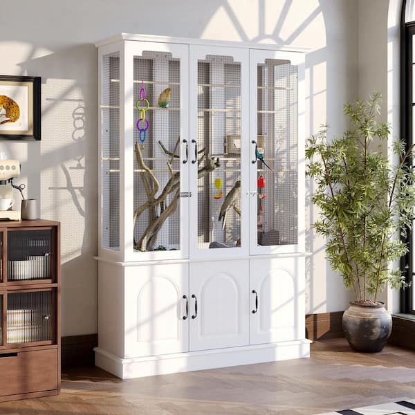 70.9 in. H White Wood Birdhouse for Finches, Parakeets and Large Birds with 3 Storage Cabinet Doors and Secure Lock