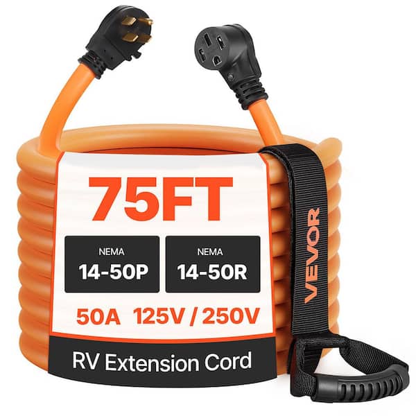 STW RV Power Cord, 75 Ft. 4 Conductor 6/3 + 8/1 Gauge 50 Amp 125V/250V 7500W Extension Cord with Lighted End 15A Adapter