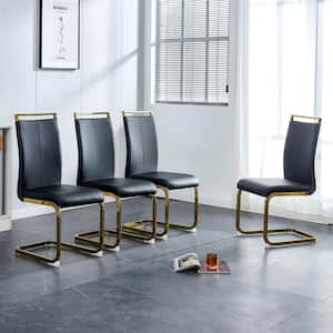 Black PU Faux Leather High Back Upholstered Side Chair with Golden C-Shaped Tube Chrome Metal Legs (Set of 4)