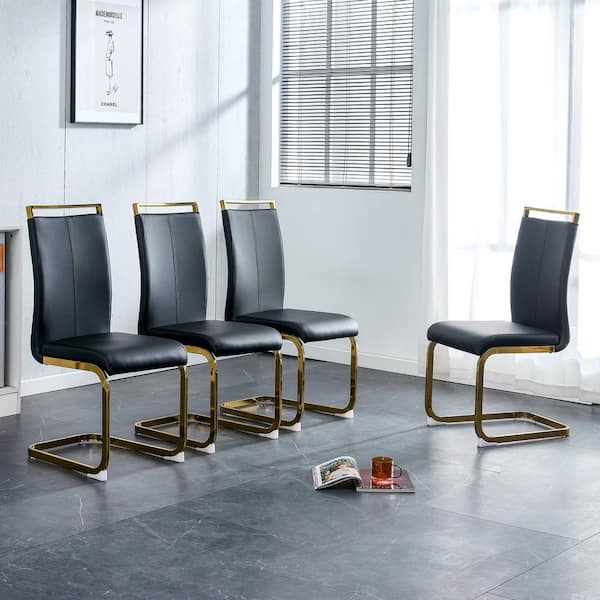 Polibi Black PU Faux Leather High Back Upholstered Side Chair with Golden C-Shaped Tube Chrome Metal Legs (Set of 4)
