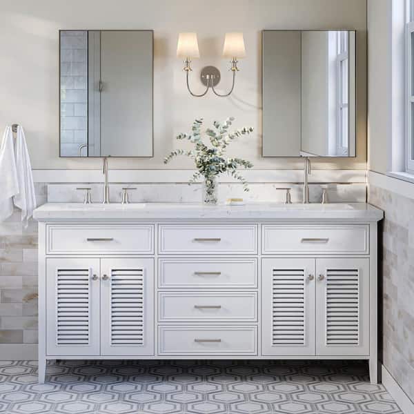 ARIEL Kensington 72.25 in. W x 22 in. D x 36 in. H Double Sink Freestanding Bath Vanity in White with Carrara White Quartz Top