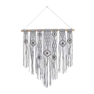 Cotton Gray Intricately Weaved Macrame Wall Decor with Beaded Fringe Tassels