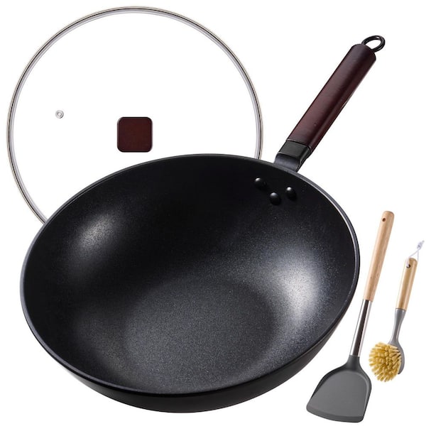 13 in. Wok Pan with Lid Spatula and Dish Brush, Pre-Seasoned Flat Bottom Chinese Woks for for All Stoves, Clear