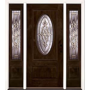 67.5 in.x81.625in.Silverdale Patina 3/4 Oval Lt Stained Chestnut Mahogany Lt-Hd Fiberglass Prehung Front Door w Sidelite